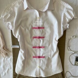 Coquette Aesthetic Pinstripe Short Sleeve Blouse with Pink Chinese Knot Frog Closures