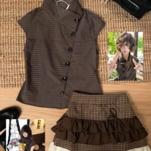 Retro Plaid Two-Piece Co-ord Set Asymmetric Sleeveless Vest Top & Tiered Ruffle Mini Skirt