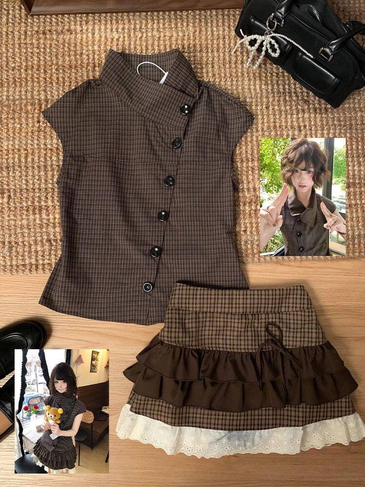 Retro Plaid Two-Piece Co-ord Set Asymmetric Sleeveless Vest Top & Tiered Ruffle Mini Skirt 1 Retro Plaid Two-Piece Co-ord Set Asymmetric Sleeveless Vest Top & Tiered Ruffle Mini Skirt