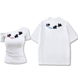 Couples Matching T-Shirt Set Asymmetrical Off-Shoulder Top & Unisex Tee