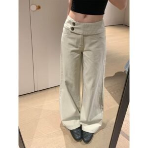 Korean Style High Waist Wide Leg Cream Denim Pants Minimalist Off-White Trousers