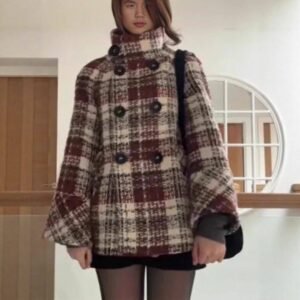 plaid tweed coat, slim fit coat, women winter jacket, double breasted jacket, polyester pet coat, sweet style outerwear