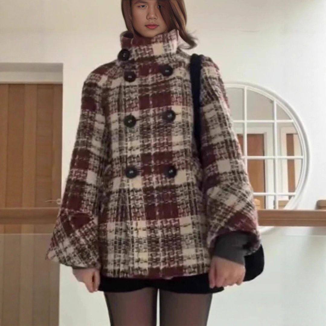 Women’s Plaid Tweed Double-Breasted Jacket Slim Fit Funnel Neck Coat 1 plaid tweed coat, slim fit coat, women winter jacket, double breasted jacket, polyester pet coat, sweet style outerwear