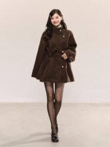 French Vintage Stand Collar Woolen Coat for Women Elegant Brown Belted Short Overcoat with Gold Buttons