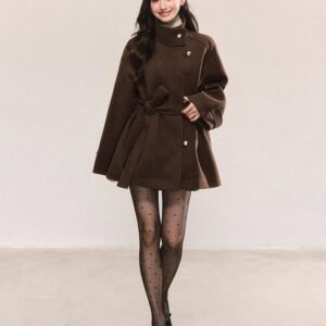 Women's French Vintage Belted Wool Coat – Brown High-End Stand Collar Short Winter Jacket Product Desc