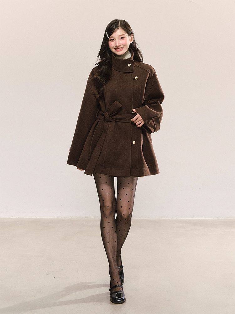 French Vintage Stand Collar Woolen Coat for Women Elegant Brown Belted Short Overcoat with Gold Buttons 1 Women's French Vintage Belted Wool Coat – Brown High-End Stand Collar Short Winter Jacket Product Desc
