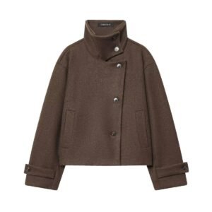 Women’s Loose Fit Stand Collar Short Outerwear Jacket Korean Style High Neck Button Coat