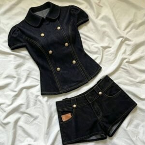 French Style Double-Breasted Short Sleeve Denim Top and Shorts Two-Piece Set