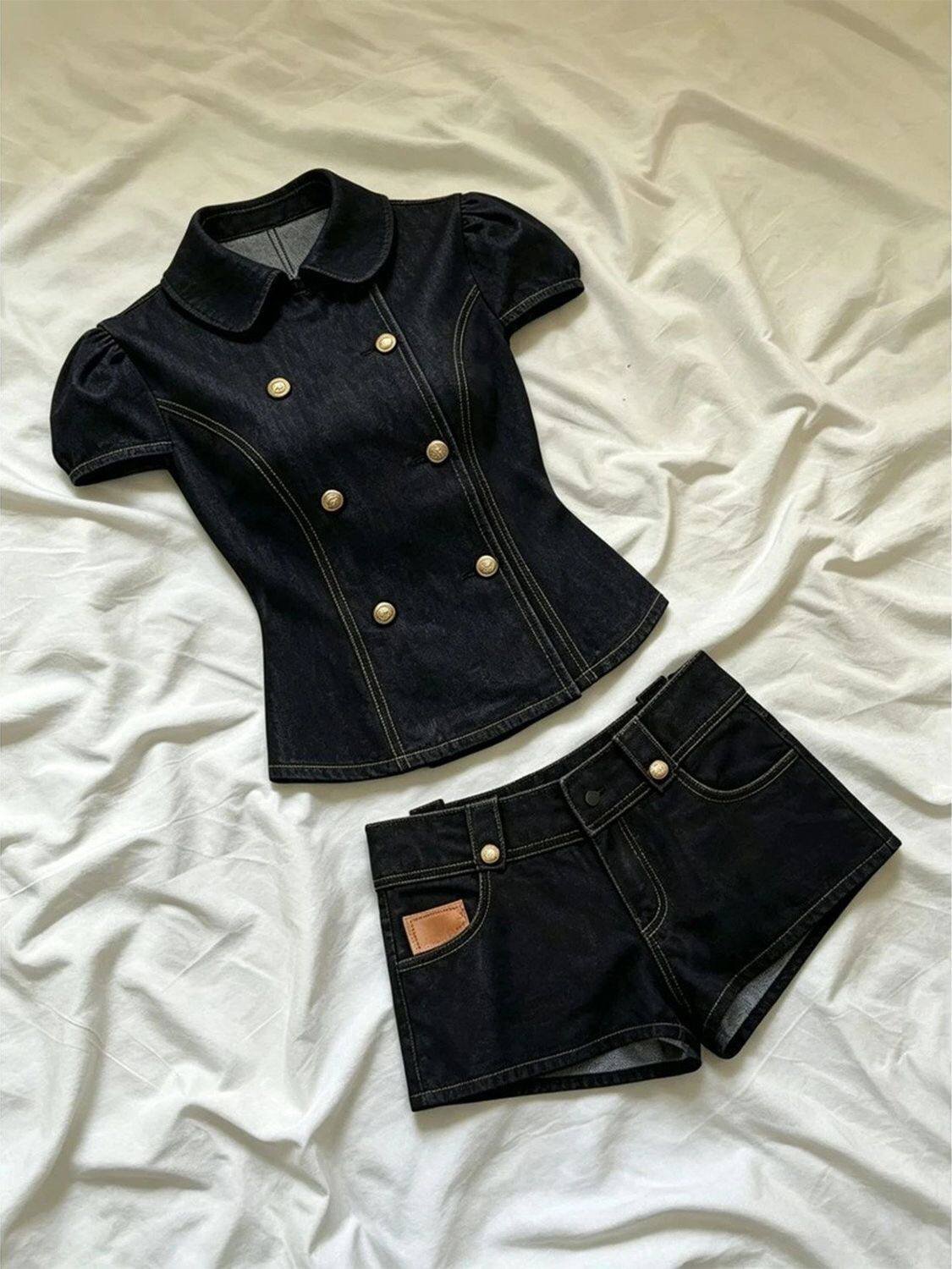 French Style Double-Breasted Short Sleeve Denim Top and Shorts Two-Piece Set 1 French Style Double-Breasted Short Sleeve Denim Top and Shorts Two-Piece Set