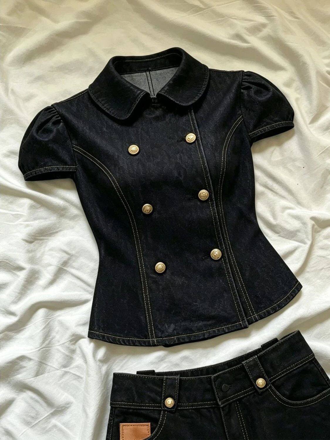 French Style Double-Breasted Short Sleeve Denim Top and Shorts Two-Piece Set 2 French Style Double-Breasted Short Sleeve Denim Top and Shorts Two-Piece Set - Image 2