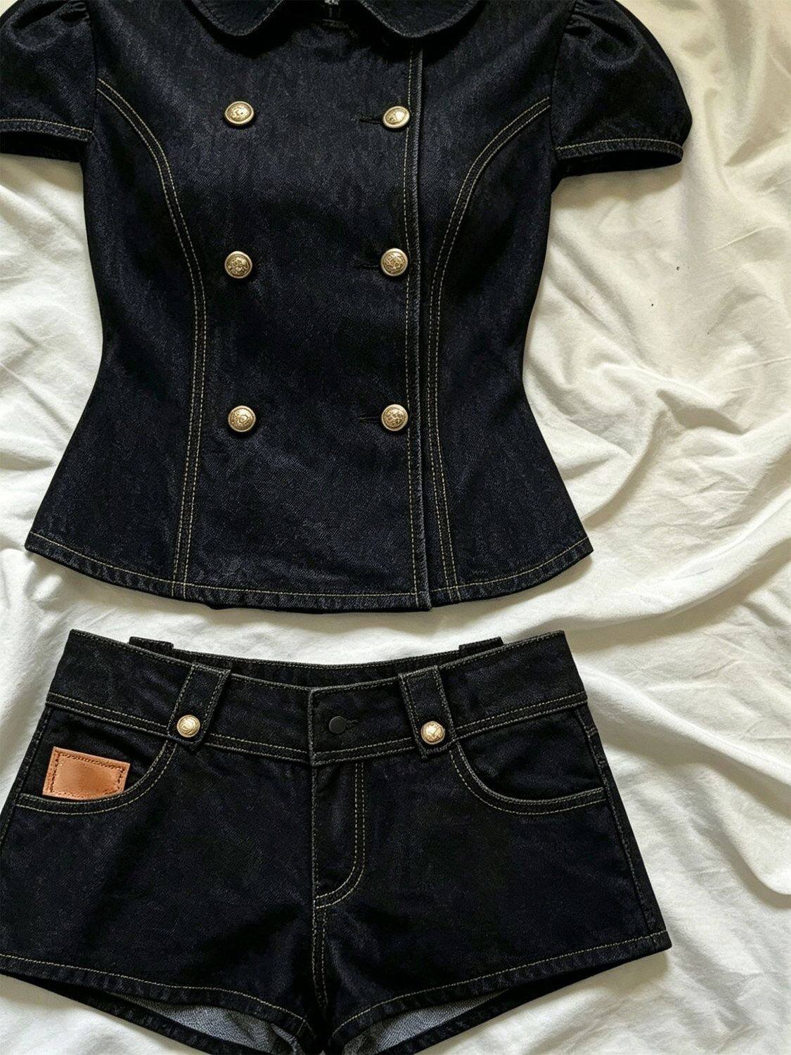 French Style Double-Breasted Short Sleeve Denim Top and Shorts Two-Piece Set 3 French Style Double-Breasted Short Sleeve Denim Top and Shorts Two-Piece Set - Image 3