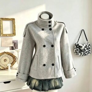 Korean Style High Neck Double-Breasted Short Woolen Coat for Women