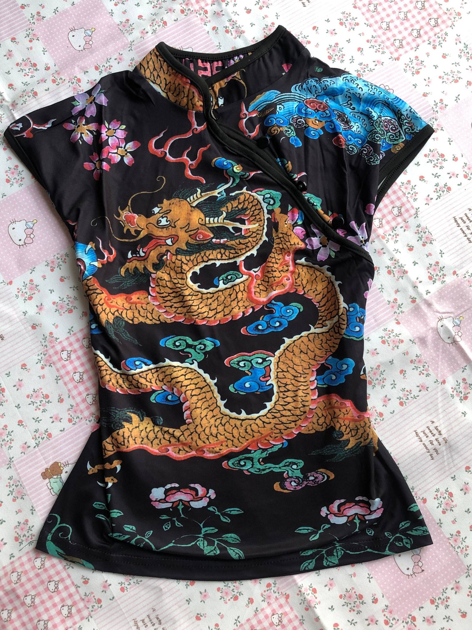 The Golden Dragon Mesh Tee: Black Sheer Mandarin Collar Top with Vibrant Mythical Print Instock 5 The Golden Dragon Mesh Tee: Black Sheer Mandarin Collar Top with Vibrant Mythical Print Instock - Image 5