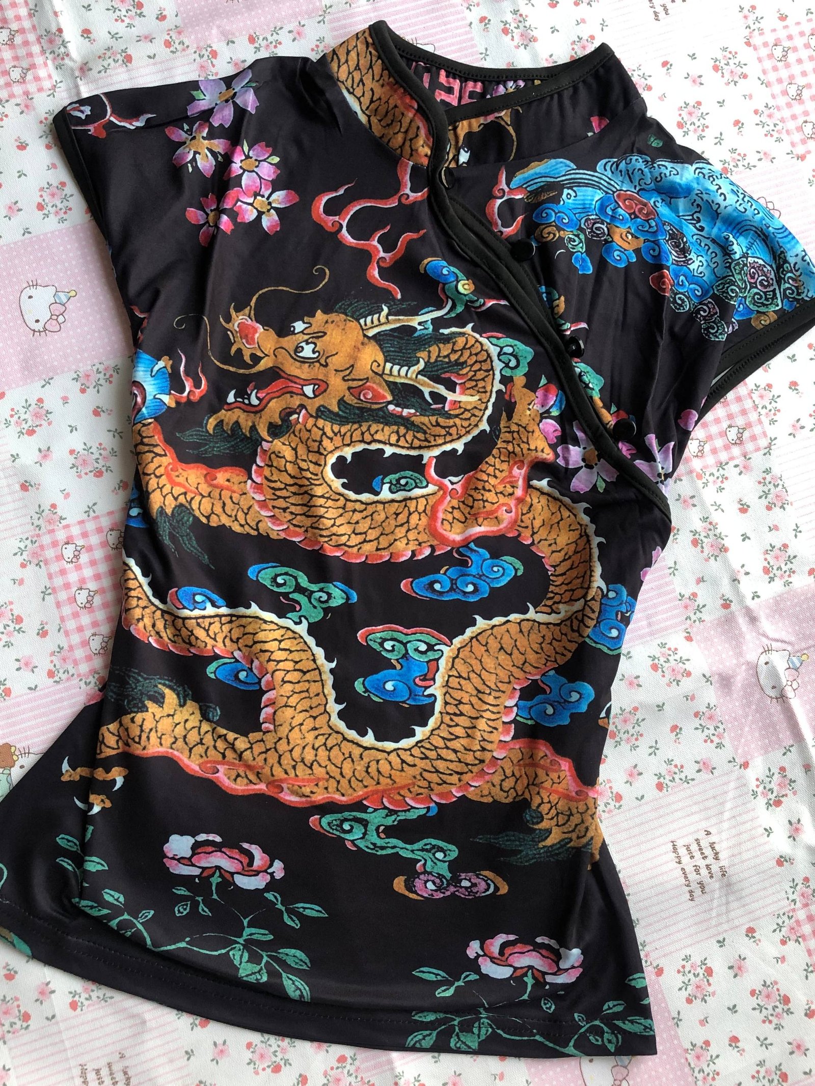 The Golden Dragon Mesh Tee: Black Sheer Mandarin Collar Top with Vibrant Mythical Print Instock 4 The Golden Dragon Mesh Tee: Black Sheer Mandarin Collar Top with Vibrant Mythical Print Instock - Image 4