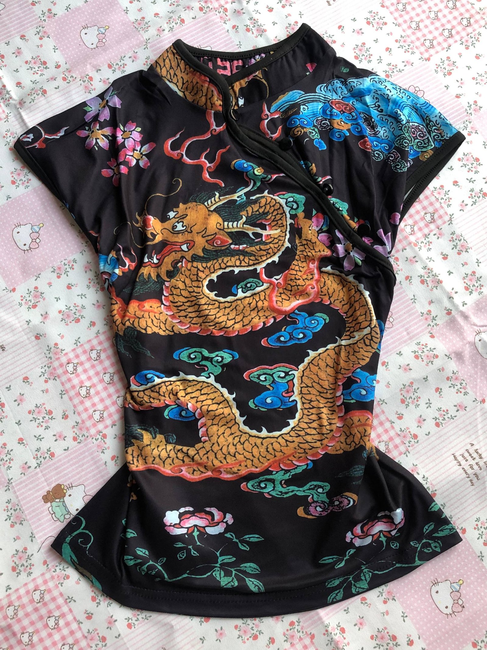 The Golden Dragon Mesh Tee: Black Sheer Mandarin Collar Top with Vibrant Mythical Print Instock 3 The Golden Dragon Mesh Tee: Black Sheer Mandarin Collar Top with Vibrant Mythical Print Instock - Image 3