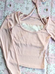 Pastel Pink Long Sleeve Two-Piece Halter Top with White Lace Trim Insert – Size S