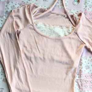 Pastel Pink Long Sleeve Two-Piece Halter Top with White Lace Trim Insert – Size S